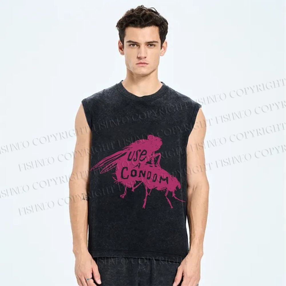Unisex Use Condom Fly Printed Washed Tank Top