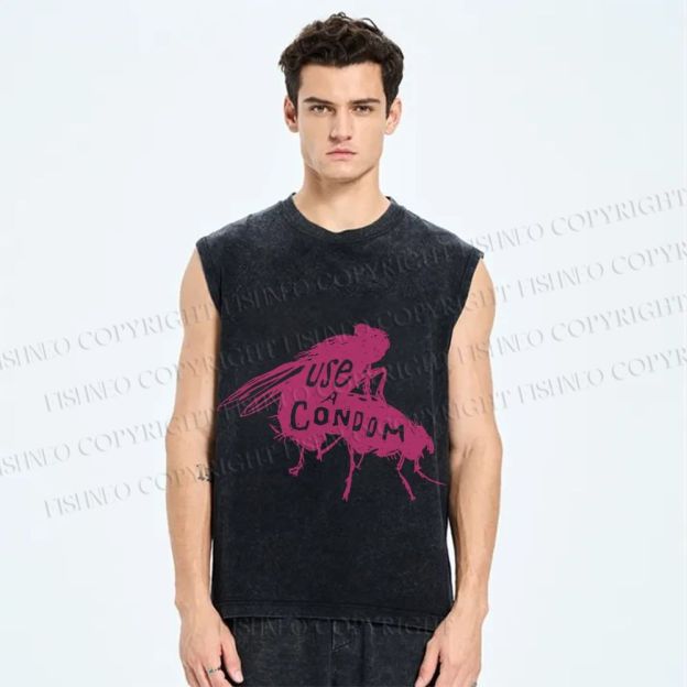 Unisex Use Condom Fly Printed Washed Tank Top