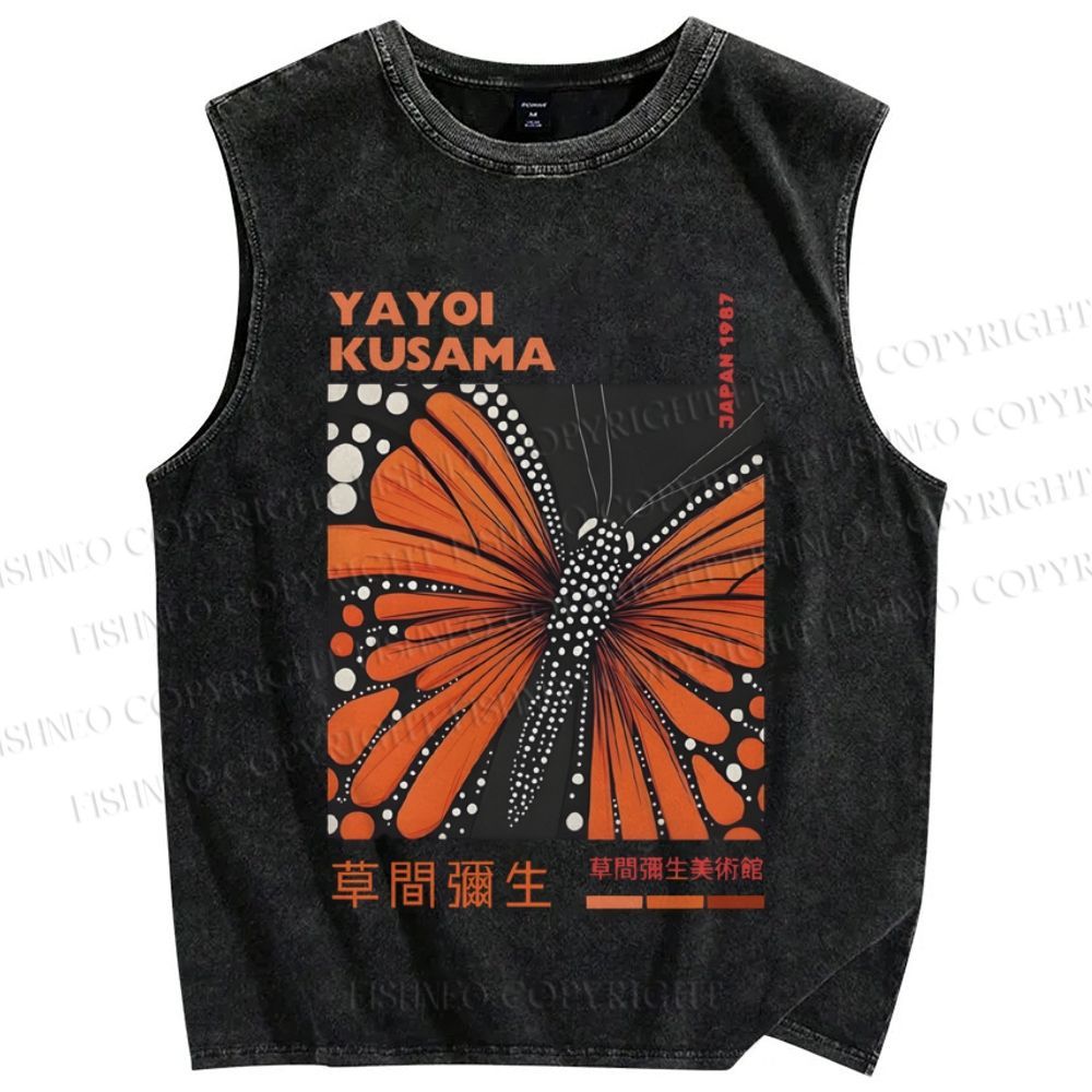 Unisex Yayoi Kusama Butterfly Printed Washed Tank Top