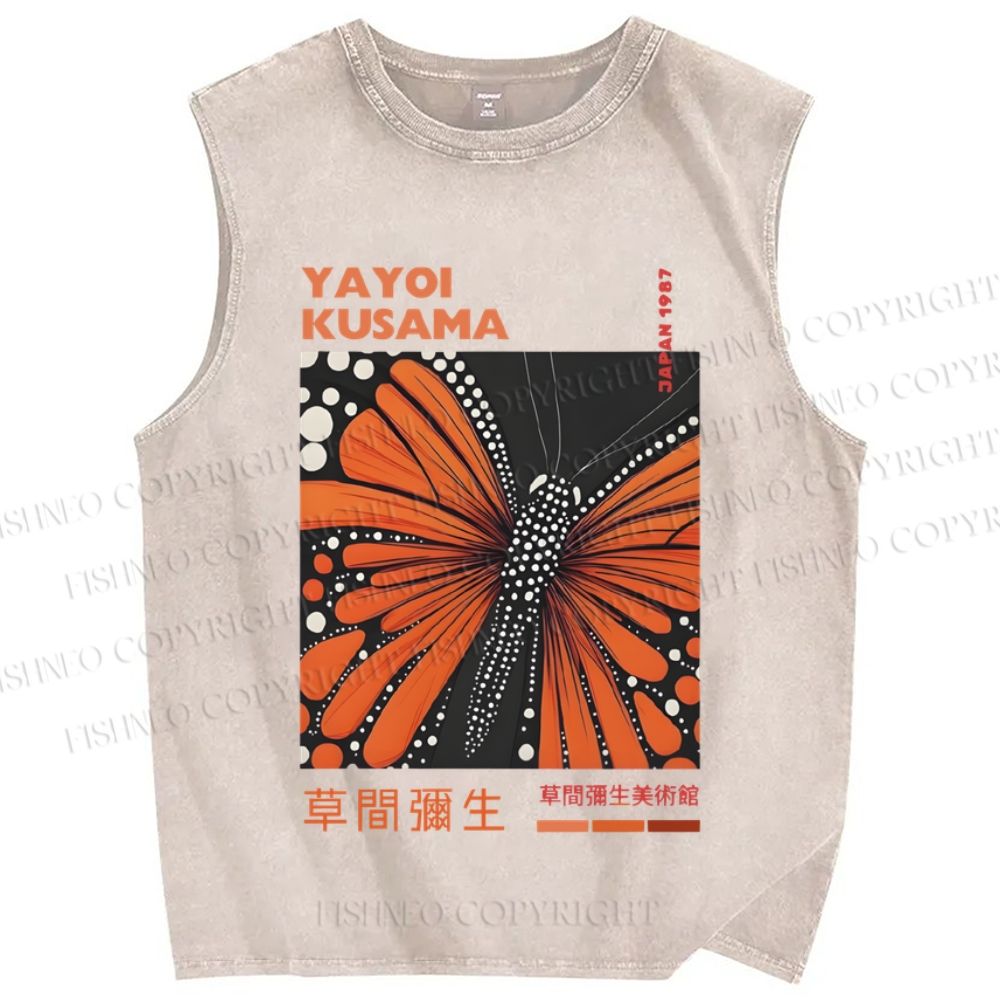 Unisex Yayoi Kusama Butterfly Printed Washed Tank Top