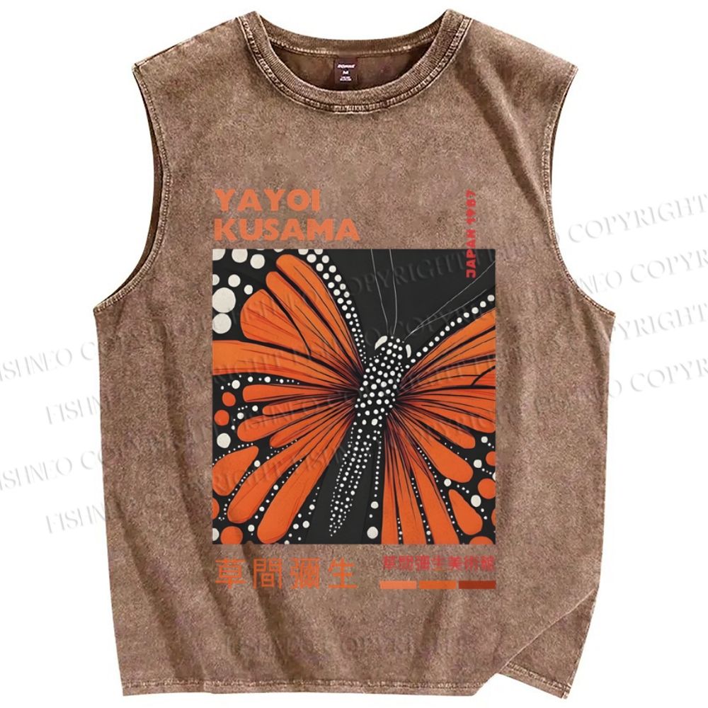Unisex Yayoi Kusama Butterfly Printed Washed Tank Top