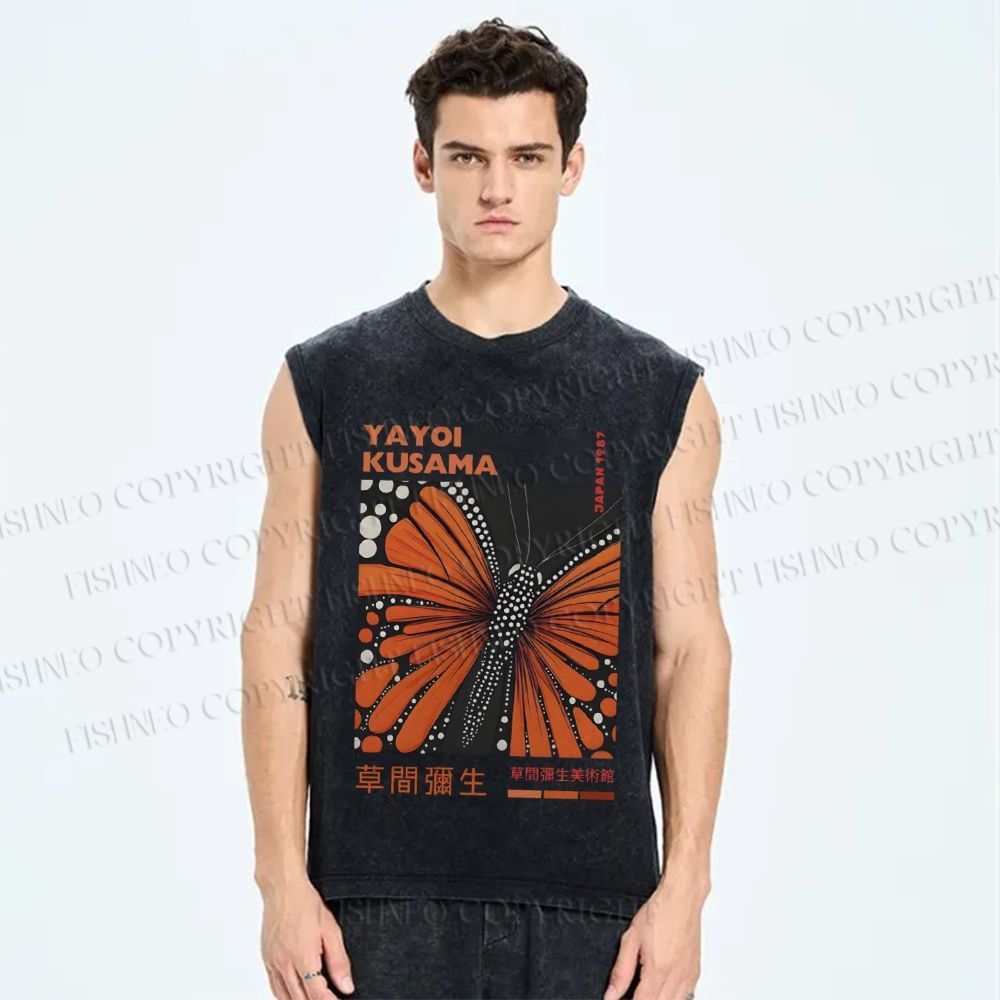 Unisex Yayoi Kusama Butterfly Printed Washed Tank Top