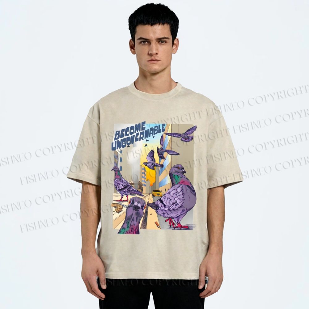 Unisex Pigeons Become Ungovernable Printed Washed Tee