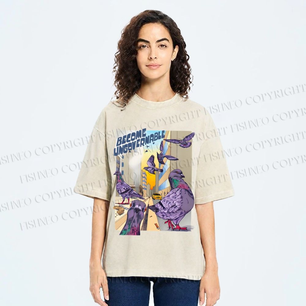 Unisex Pigeons Become Ungovernable Printed Washed Tee