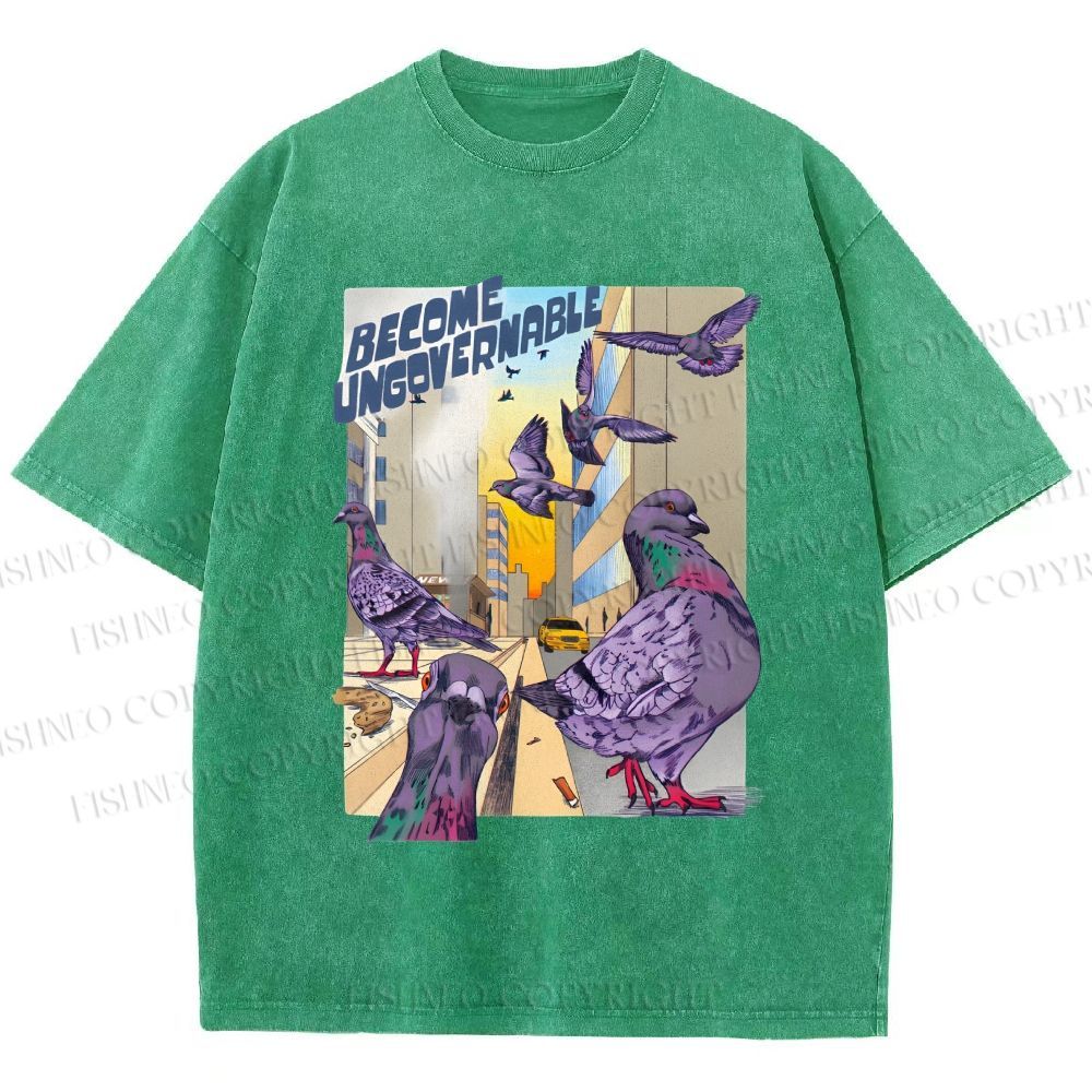 Unisex Pigeons Become Ungovernable Printed Washed Tee