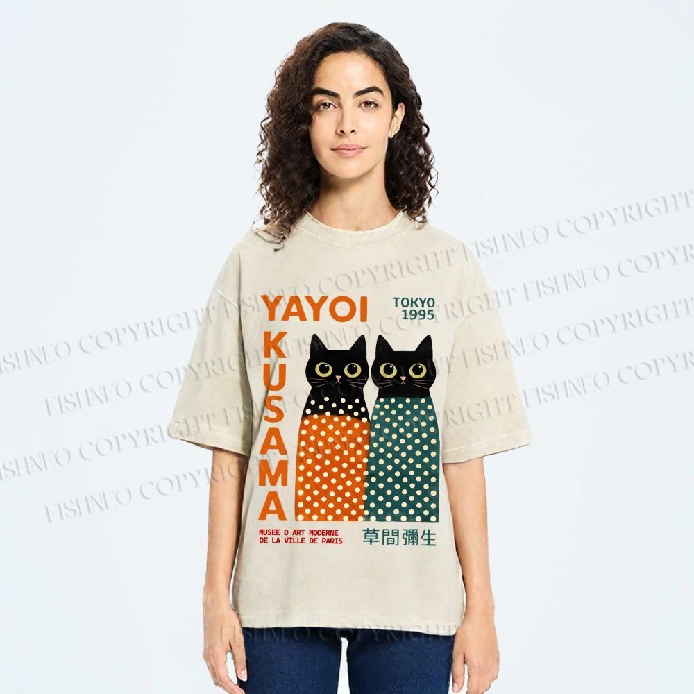 Unisex Yayoi Kusama Cats Printed Washed Tee