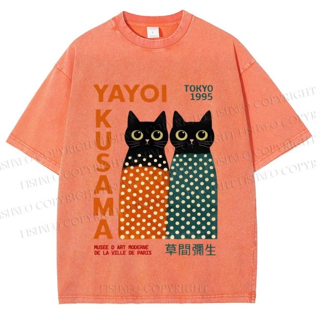 Unisex Yayoi Kusama Cats Printed Washed Tee