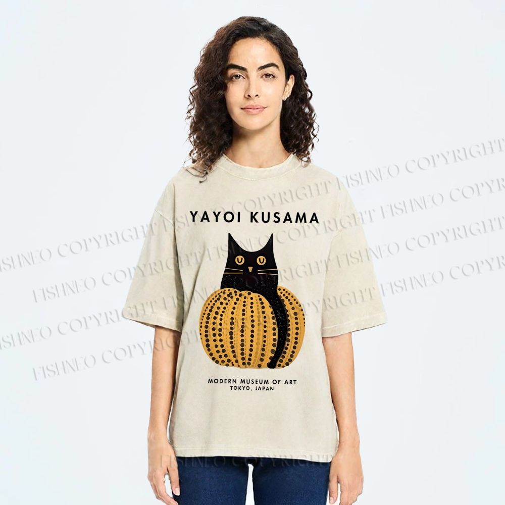 Unisex Yayoi Kusama Pumpkin Cat Printed Washed Tee