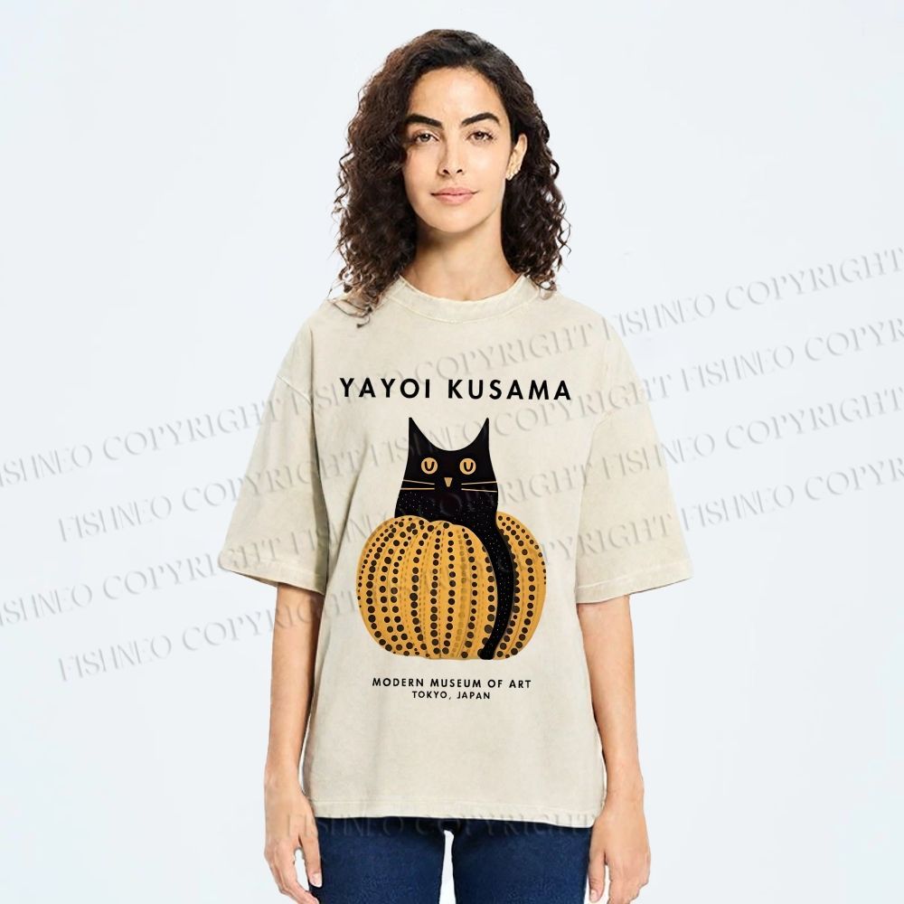 Unisex Yayoi Kusama Pumpkin Cat Printed Washed Tee