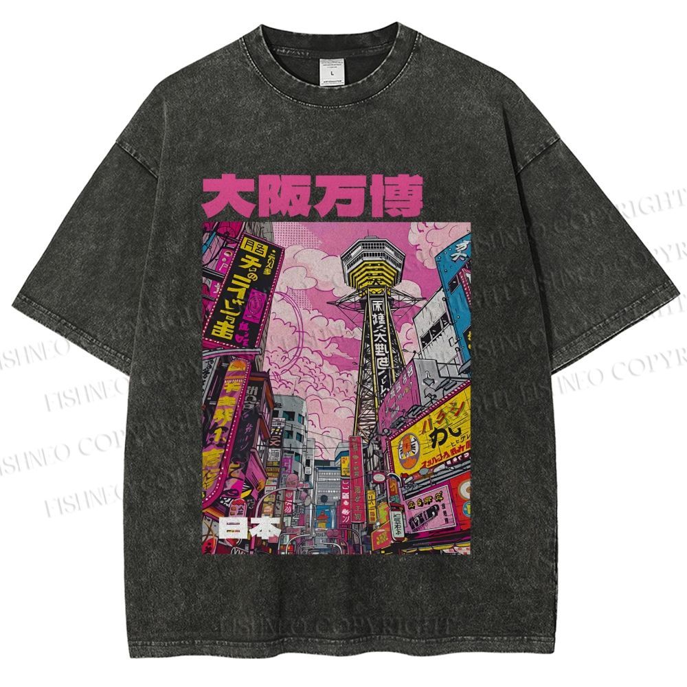 Unisex Osaka Japanese City View Printed Washed Tee