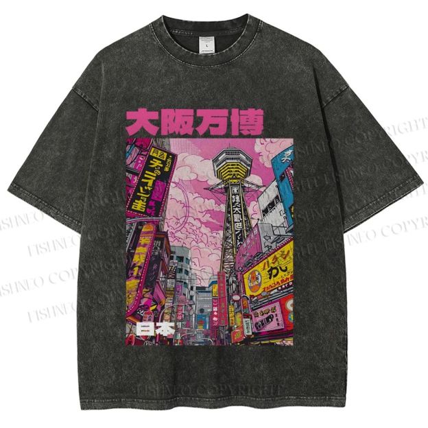 Unisex Osaka Japanese City View Printed Washed Tee
