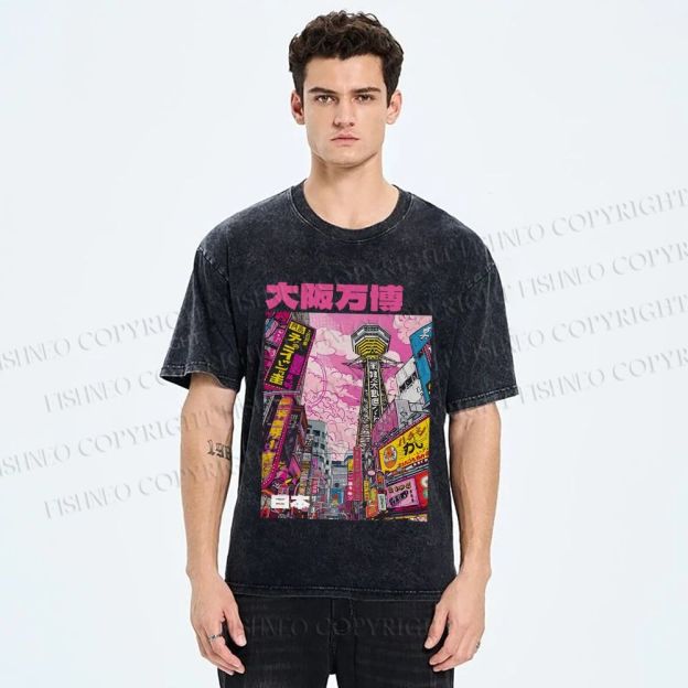 Unisex Osaka Japanese City View Printed Washed Tee