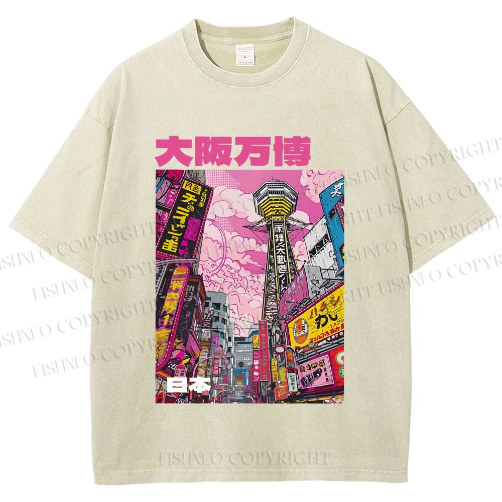 Unisex Osaka Japanese City View Printed Washed Tee
