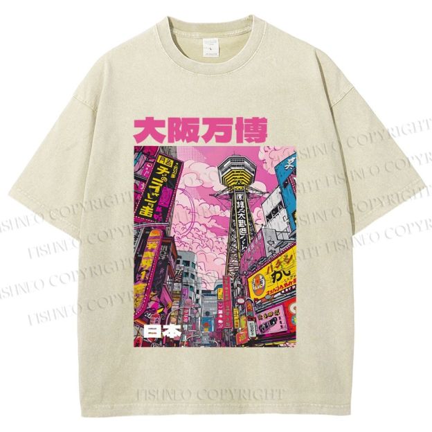 Unisex Osaka Japanese City View Printed Washed Tee