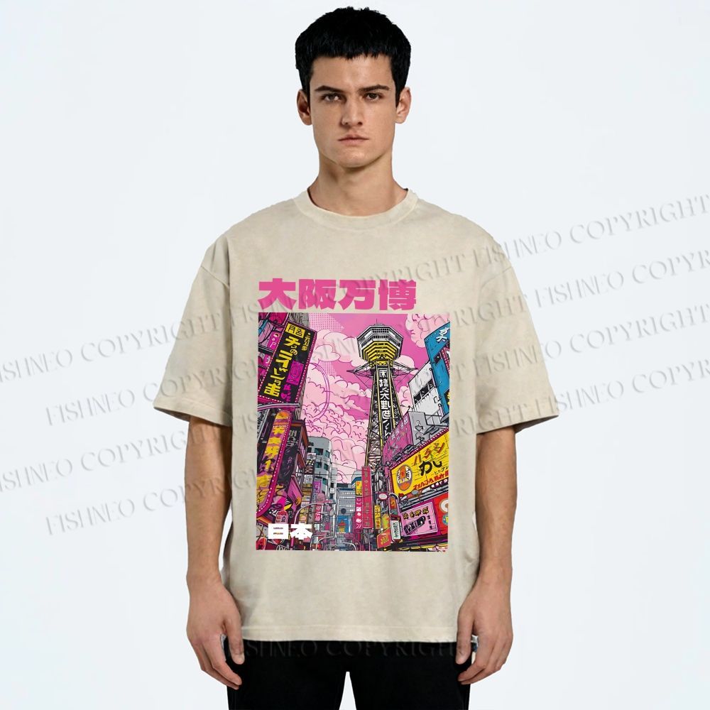 Unisex Osaka Japanese City View Printed Washed Tee