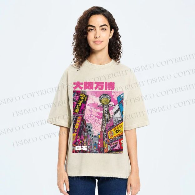 Unisex Osaka Japanese City View Printed Washed Tee