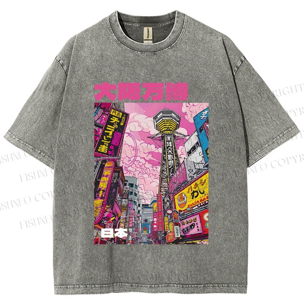 Unisex Osaka Japanese City View Printed Washed Tee