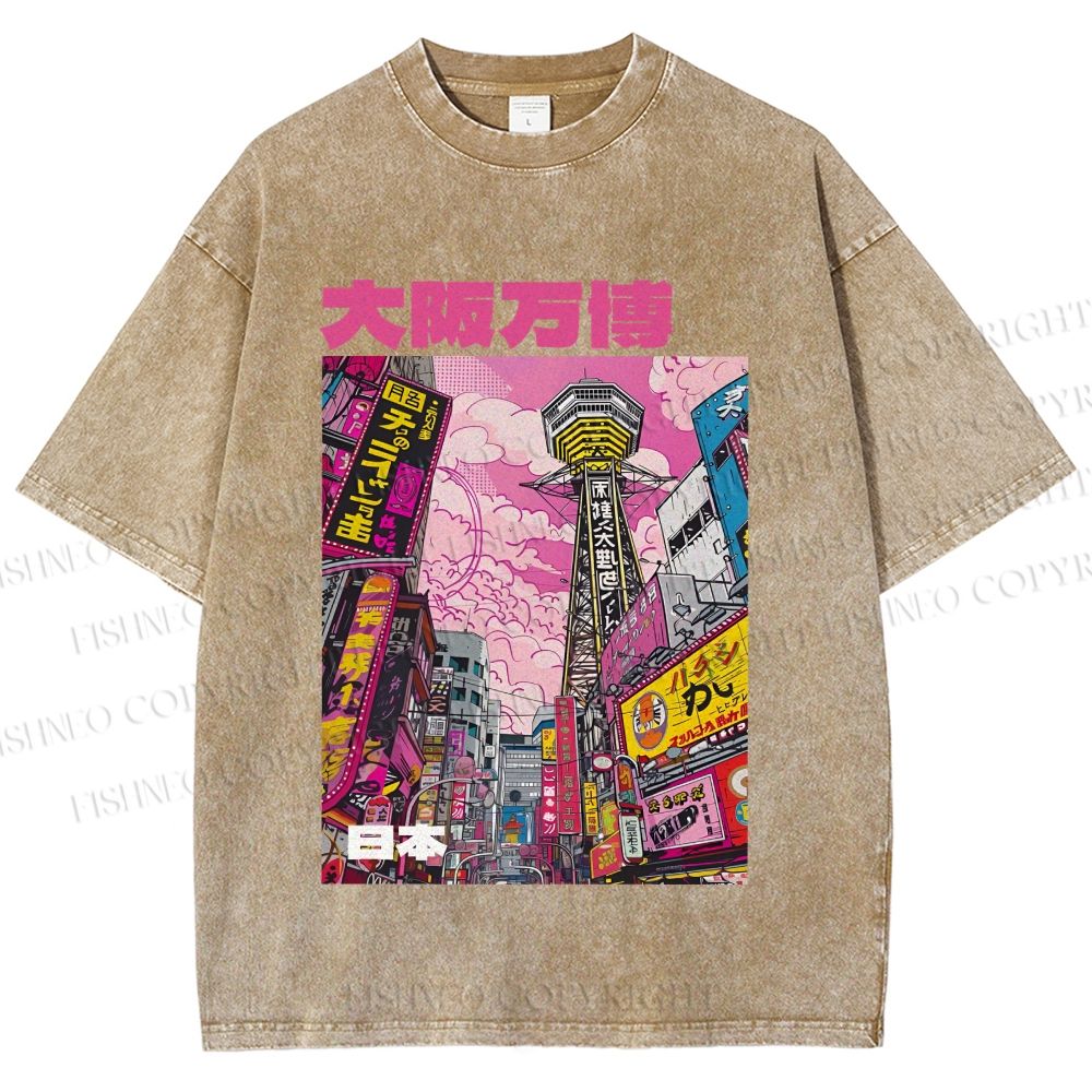 Unisex Osaka Japanese City View Printed Washed Tee
