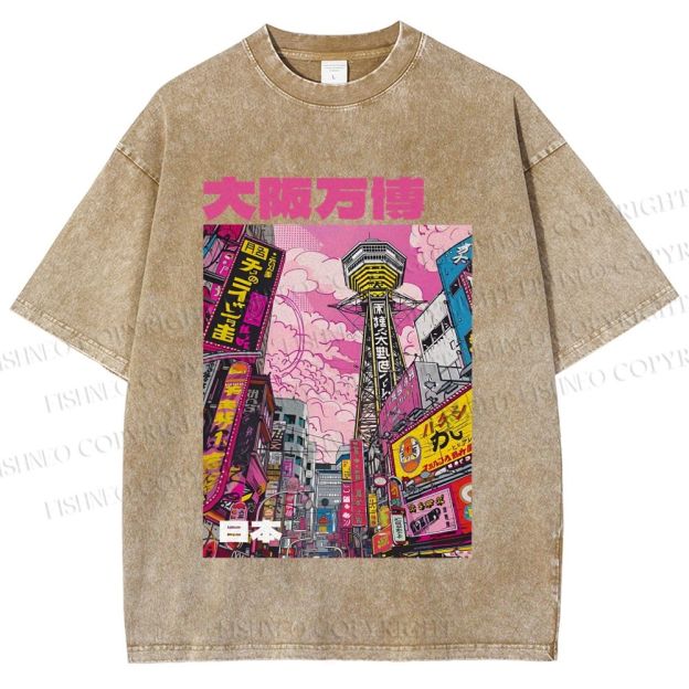 Unisex Osaka Japanese City View Printed Washed Tee