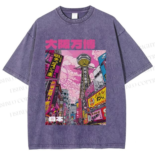 Unisex Osaka Japanese City View Printed Washed Tee