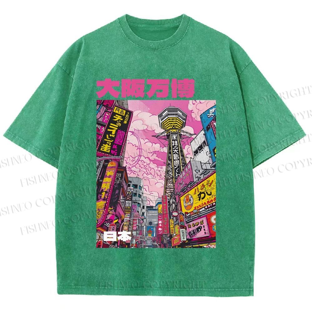 Unisex Osaka Japanese City View Printed Washed Tee