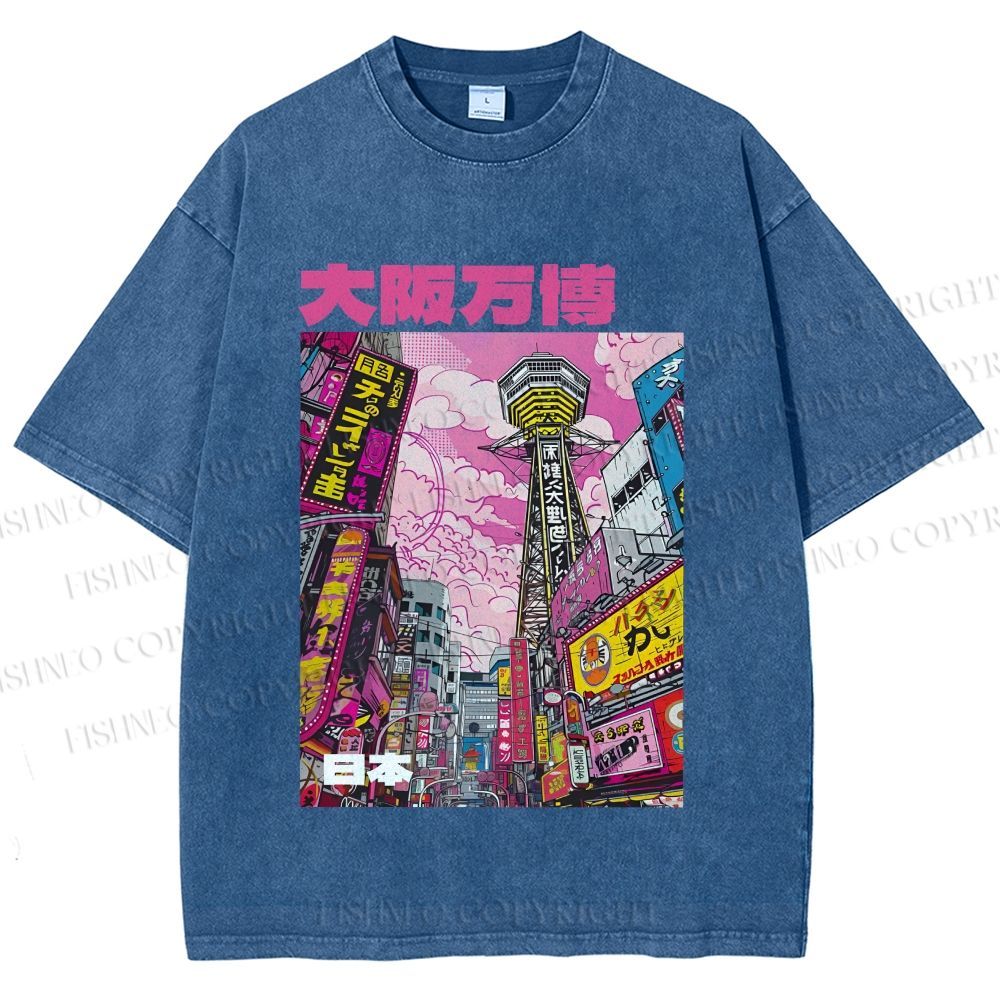 Unisex Osaka Japanese City View Printed Washed Tee