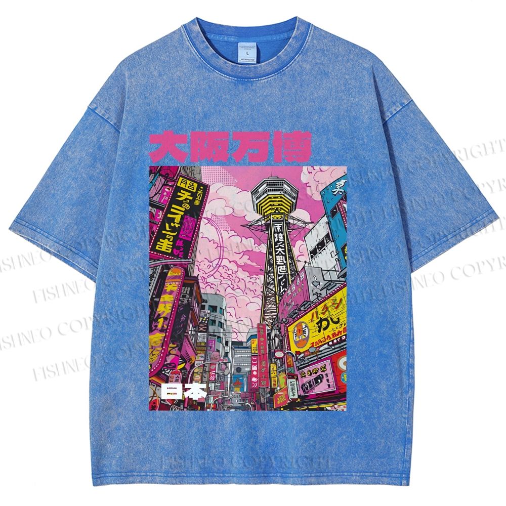 Unisex Osaka Japanese City View Printed Washed Tee