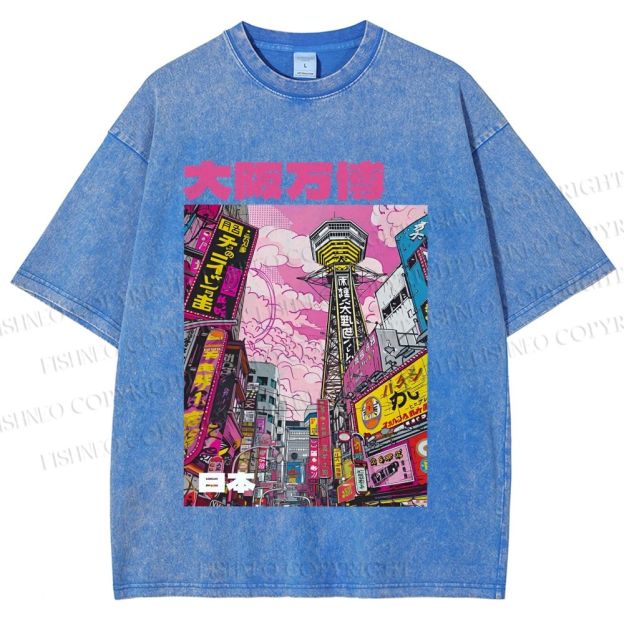 Unisex Osaka Japanese City View Printed Washed Tee