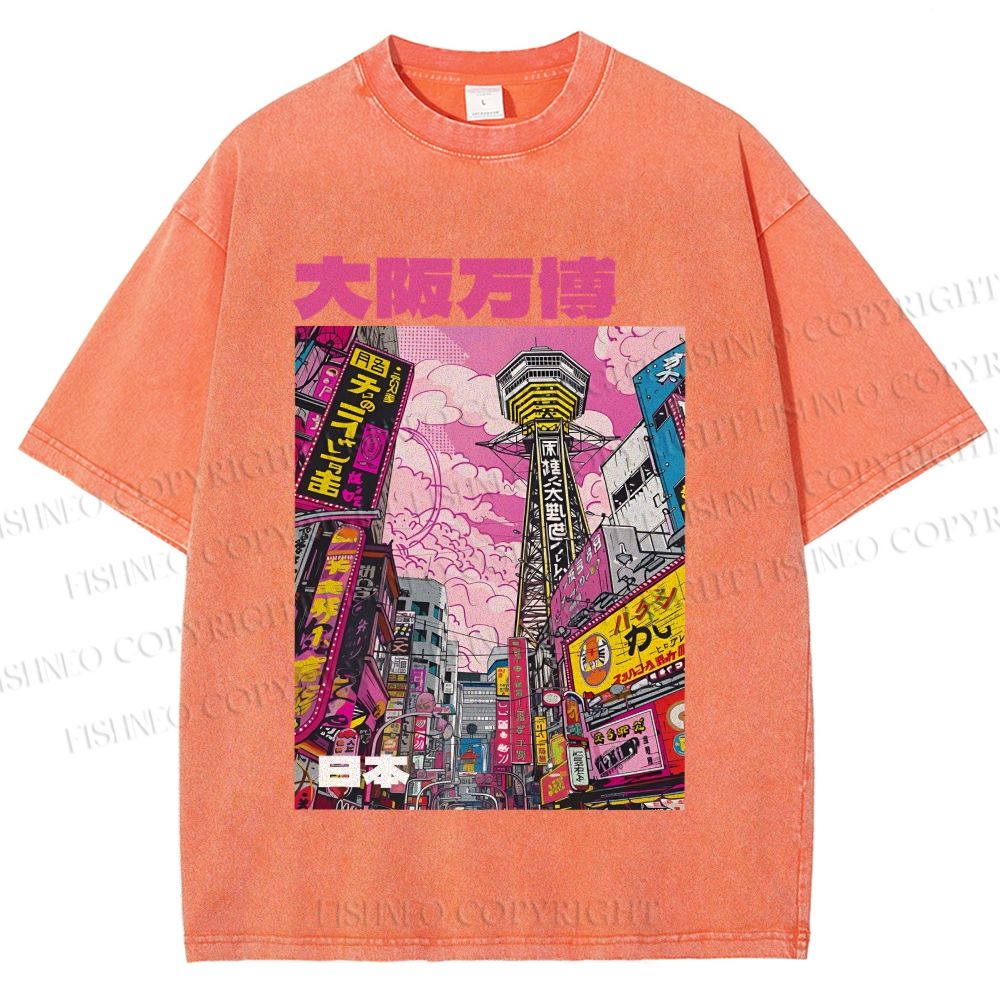 Unisex Osaka Japanese City View Printed Washed Tee
