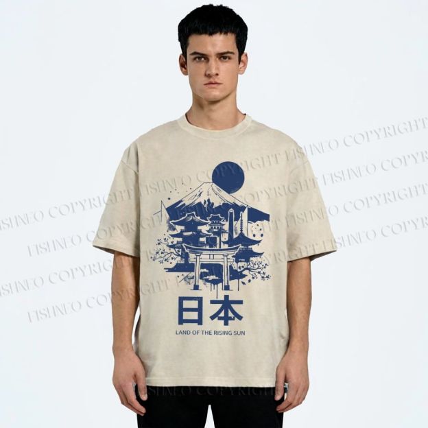 Unisex Mount Fuji Japanese Graffiti Printed Washed Tee