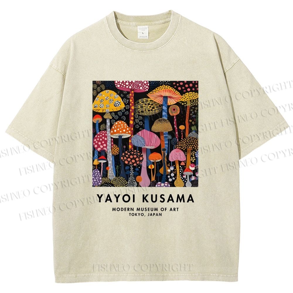 Unisex Yayoi Kusama Colorful Mushroom Printed Washed Tee
