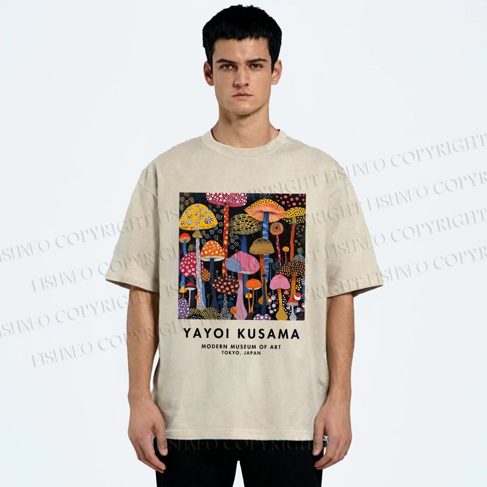 Unisex Yayoi Kusama Colorful Mushroom Printed Washed Tee