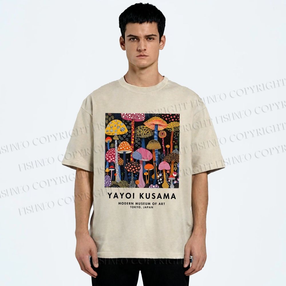 Unisex Yayoi Kusama Colorful Mushroom Printed Washed Tee