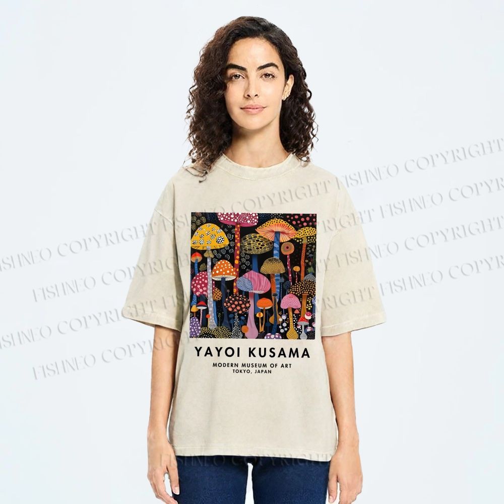 Unisex Yayoi Kusama Colorful Mushroom Printed Washed Tee