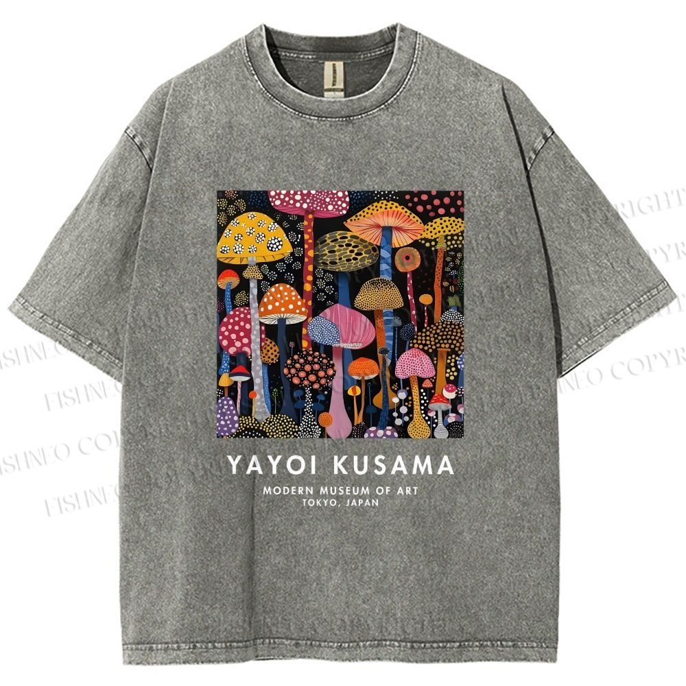 Unisex Yayoi Kusama Colorful Mushroom Printed Washed Tee