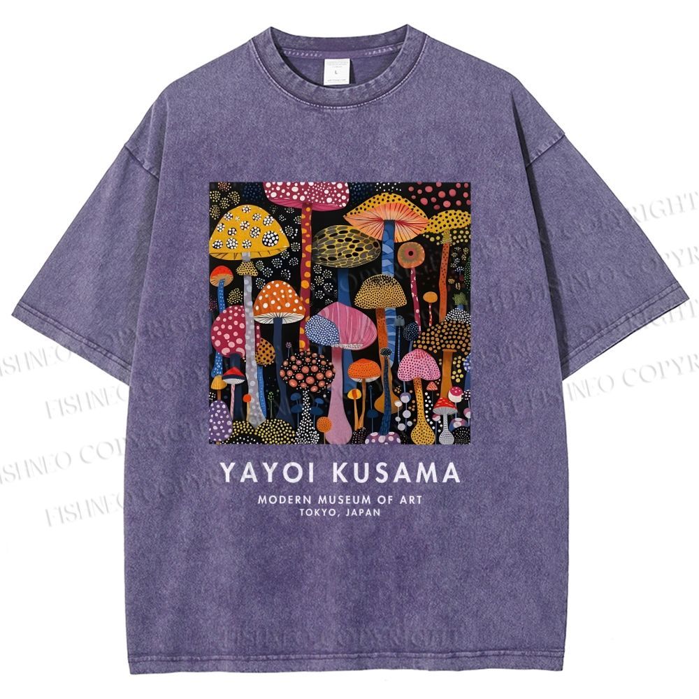 Unisex Yayoi Kusama Colorful Mushroom Printed Washed Tee