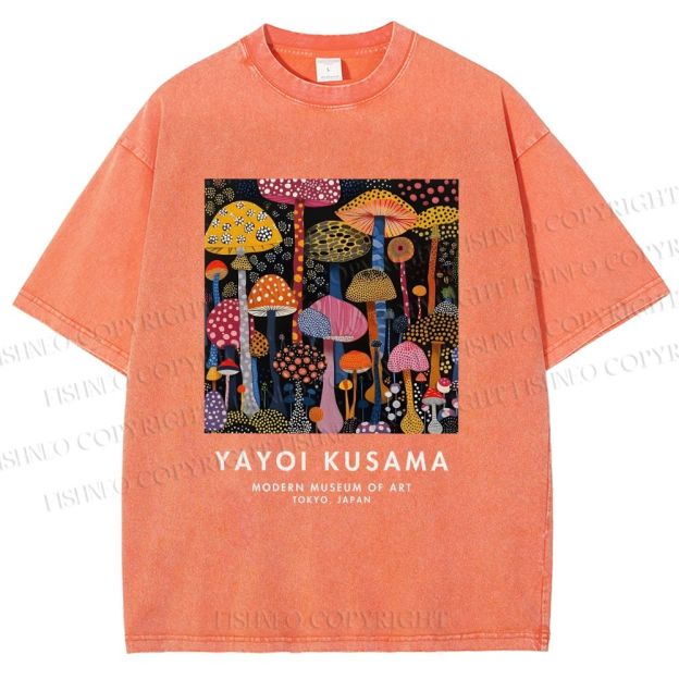 Unisex Yayoi Kusama Colorful Mushroom Printed Washed Tee
