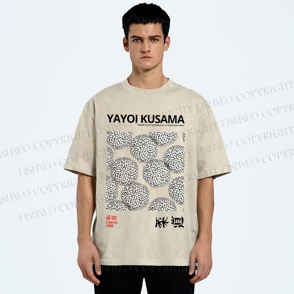 Unisex Yayoi Kusama Vintage Flower Printed Washed Tee