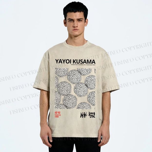 Unisex Yayoi Kusama Vintage Flower Printed Washed Tee