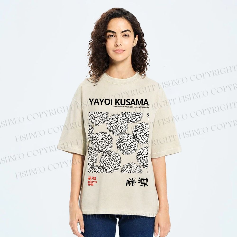 Unisex Yayoi Kusama Vintage Flower Printed Washed Tee
