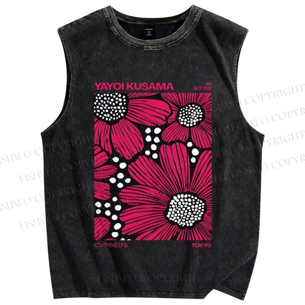Unisex Yayoi Kusama Giant Pink Flowers Printed Washed Tank Top