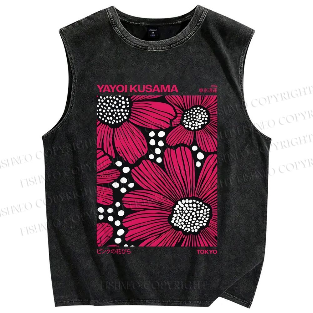 Unisex Yayoi Kusama Giant Pink Flowers Printed Washed Tank Top