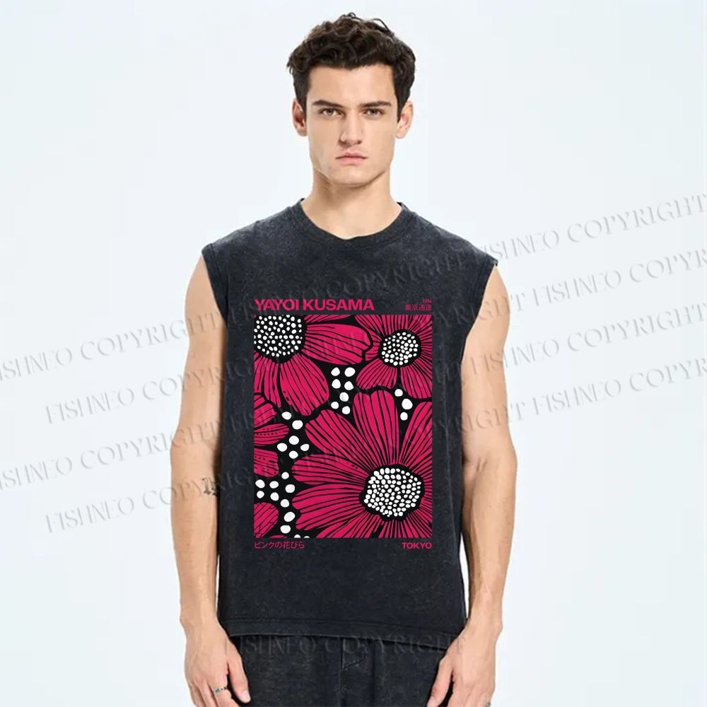 Unisex Yayoi Kusama Giant Pink Flowers Printed Washed Tank Top