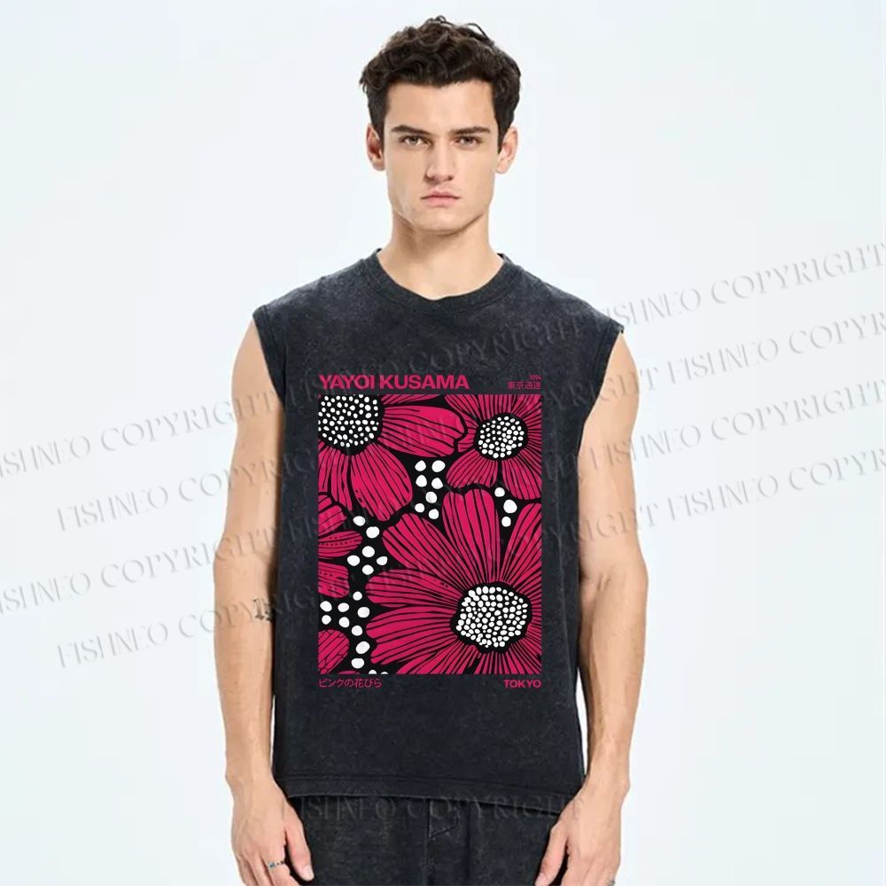 Unisex Yayoi Kusama Giant Pink Flowers Printed Washed Tank Top