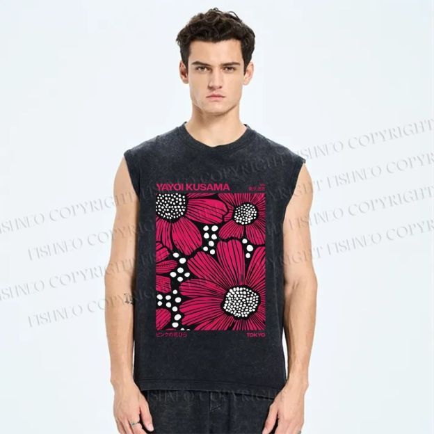 Unisex Yayoi Kusama Giant Pink Flowers Printed Washed Tank Top