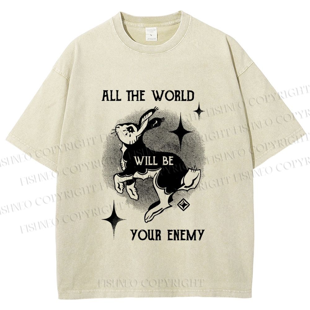 Unisex Shining Rabbit All the World Will Be Your Enemy Bunny Printed Washed Tee