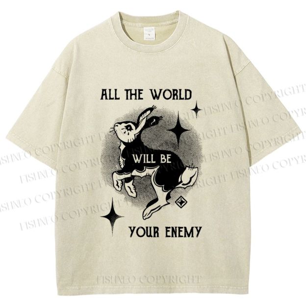 Unisex Shining Rabbit All the World Will Be Your Enemy Bunny Printed Washed Tee