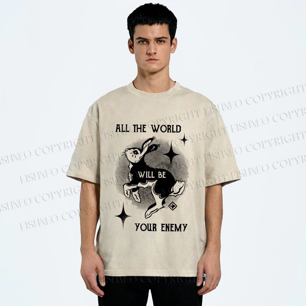 Unisex Shining Rabbit All the World Will Be Your Enemy Bunny Printed Washed Tee