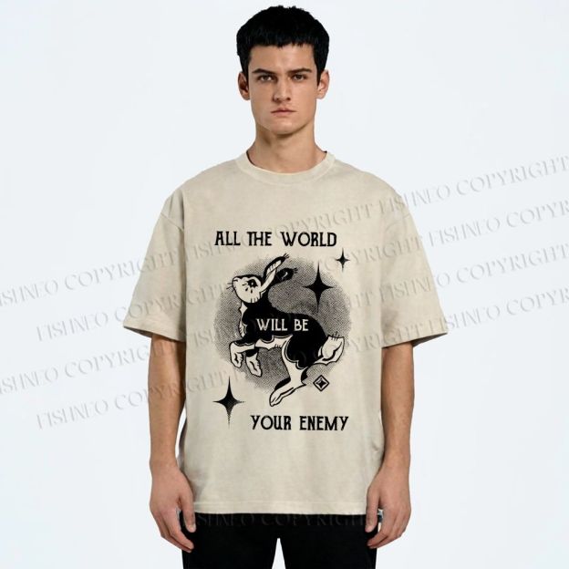 Unisex Shining Rabbit All the World Will Be Your Enemy Bunny Printed Washed Tee