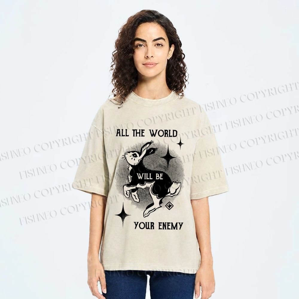 Unisex Shining Rabbit All the World Will Be Your Enemy Bunny Printed Washed Tee